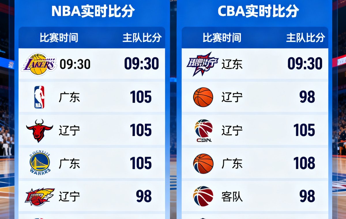 篮球比分网实时数据大屏展示NBA与CBA多场比赛比分、时间、球队Logo